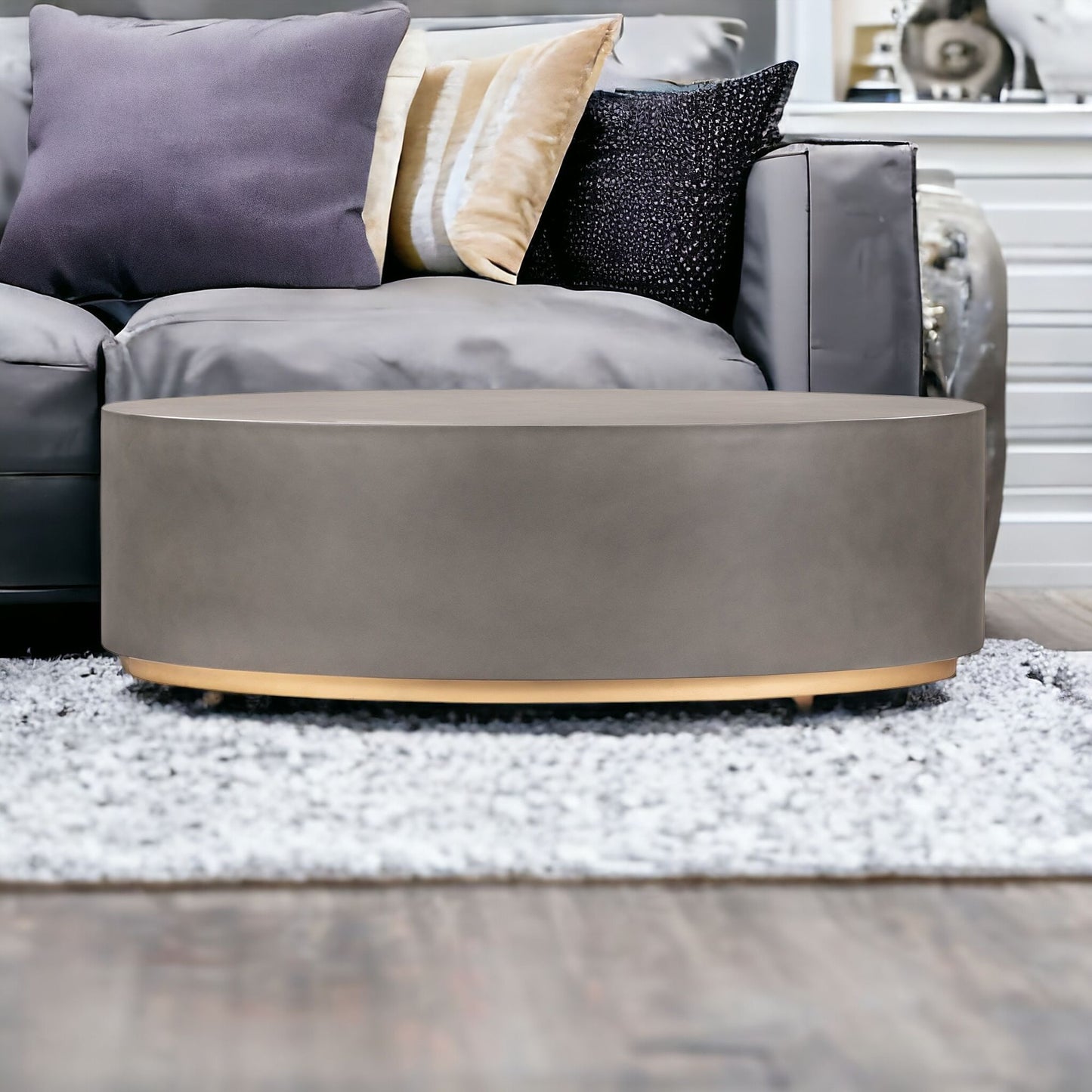 28" Gray And Brass Concrete And Brass Oval Coffee Table-1