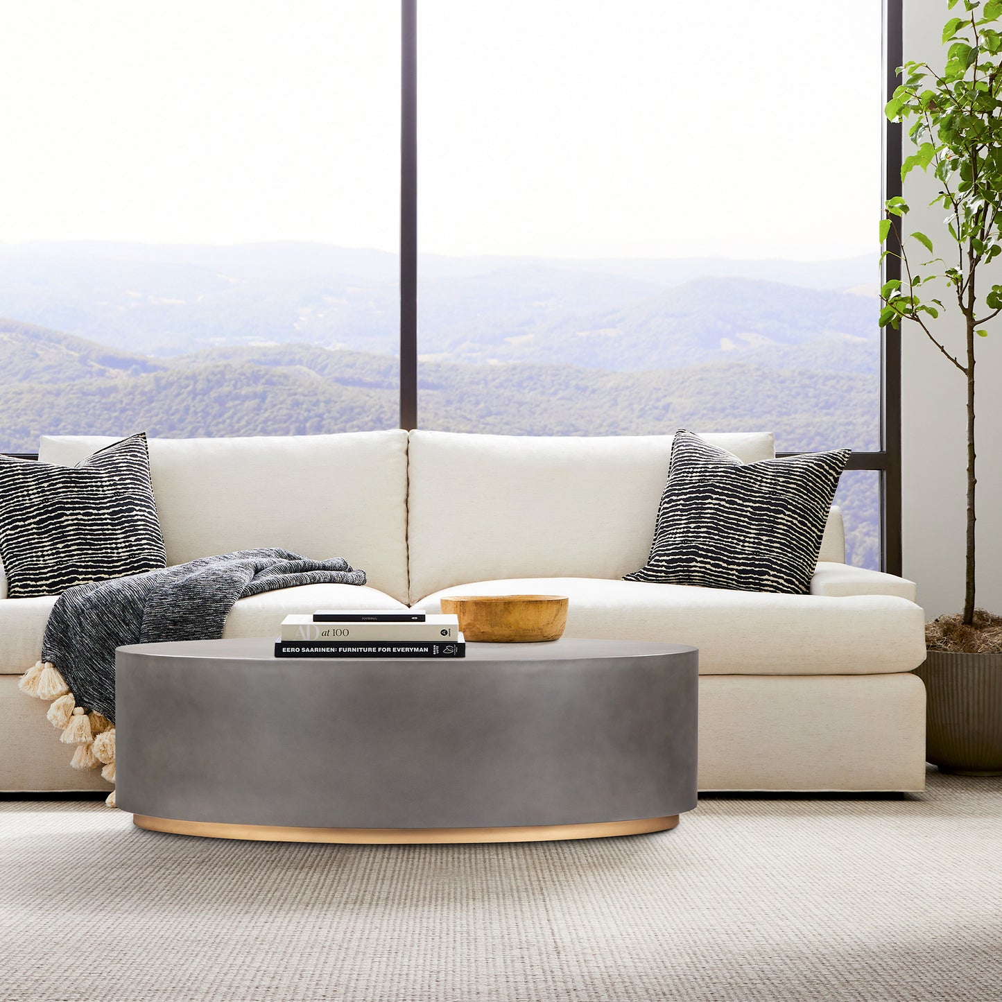 28" Gray And Brass Concrete And Brass Oval Coffee Table-8