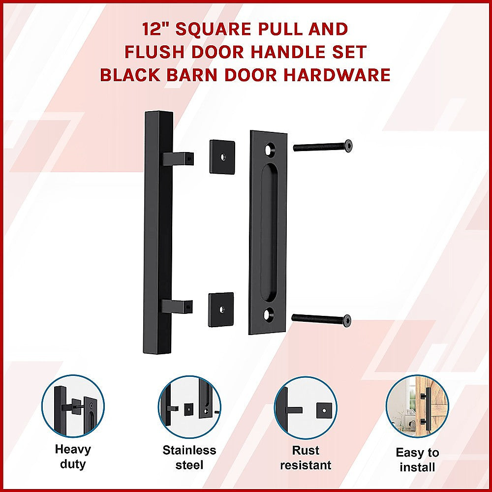 NNEDSZ 12" Square Pull and Flush Door Handle Set Black Barn Door Hardware-1