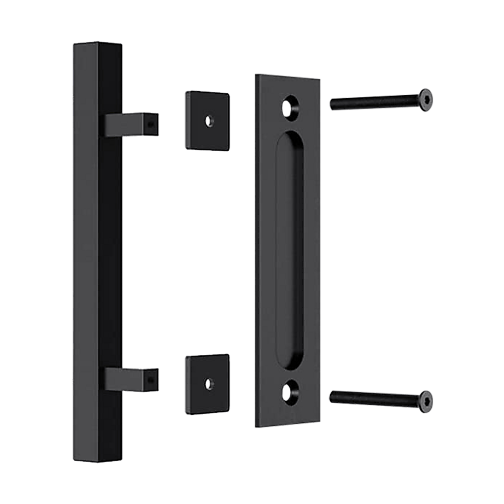 NNEDSZ 12" Square Pull and Flush Door Handle Set Black Barn Door Hardware-2