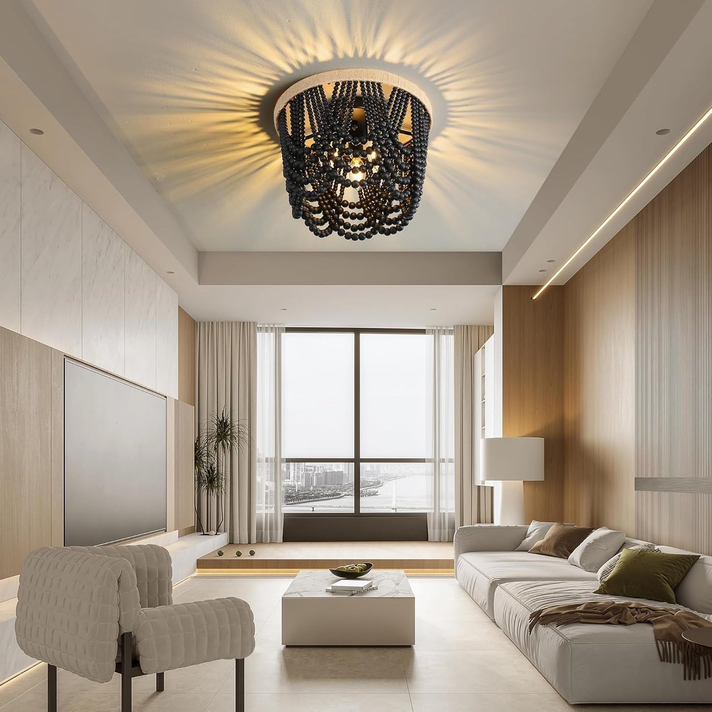 Bohemian Lighting Bohemian Chandelier Handmade Beaded Chandelier Vintage Hemp Rope Woven Ceiling Lighting 3 Lights Wood Bead Chandelier Nursery Lighting Bedroom Ceiling Light (Black)-1