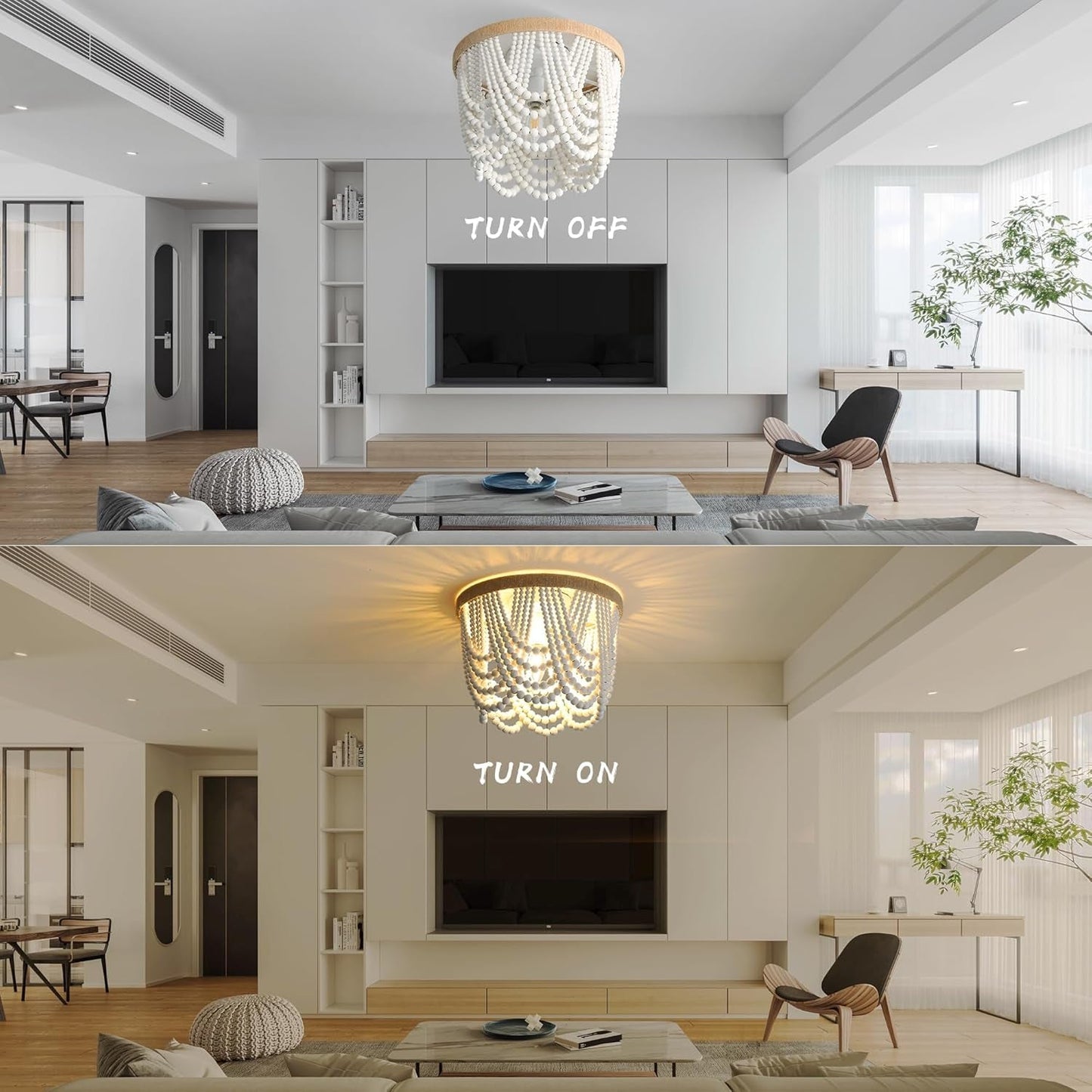 Bohemian Lighting Bohemian Chandelier Handmade Beaded Chandelier Bohemian Lighting Ceiling Beaded Lighting 3 Light Wood Bead Chandelier Nursery Lighting Bedroom Chandelier (White)-4