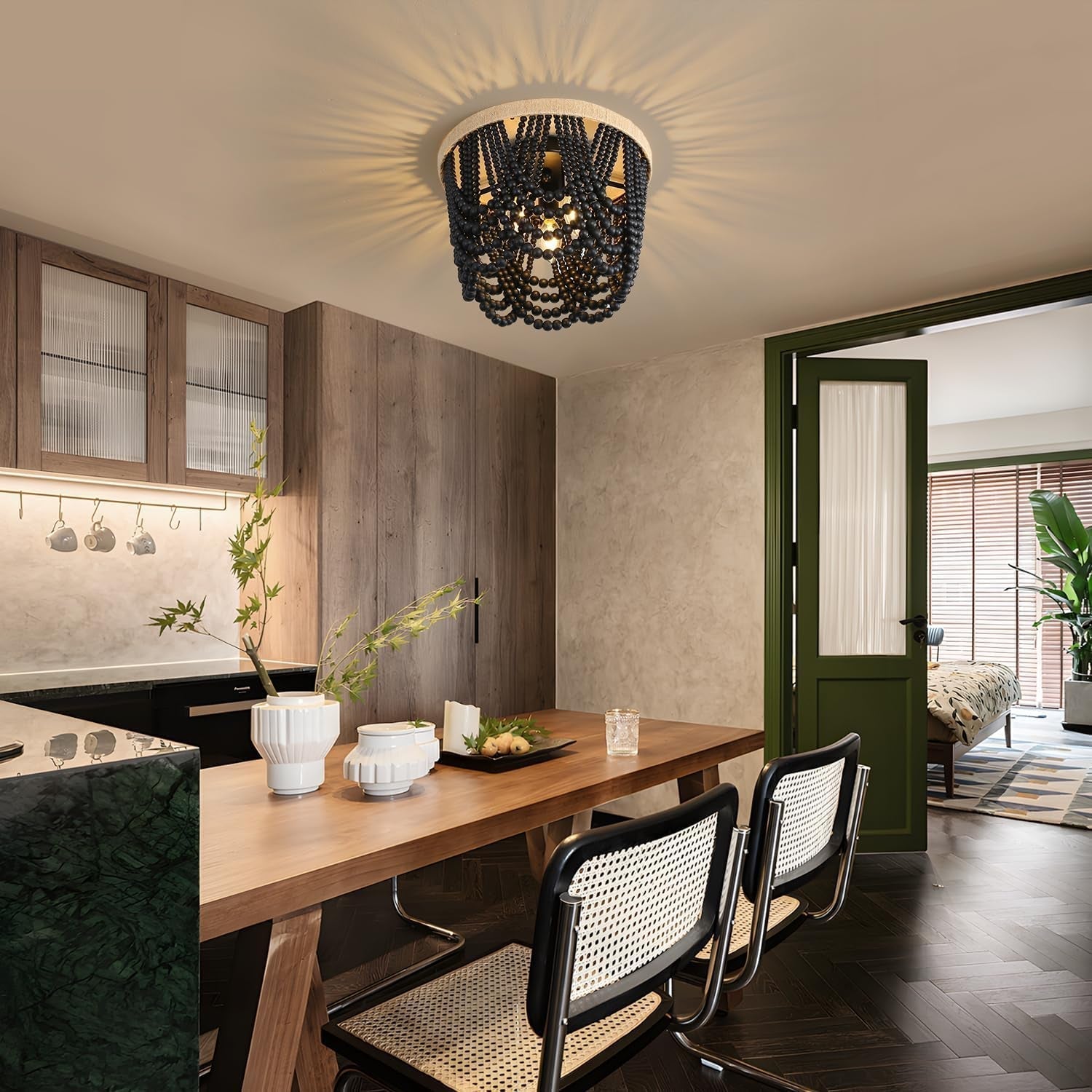 Bohemian Lighting Bohemian Chandelier Handmade Beaded Chandelier Vintage Hemp Rope Woven Ceiling Lighting 3 Lights Wood Bead Chandelier Nursery Lighting Bedroom Ceiling Light (Black)-0