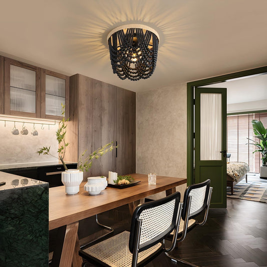 Bohemian Lighting Bohemian Chandelier Handmade Beaded Chandelier Vintage Hemp Rope Woven Ceiling Lighting 3 Lights Wood Bead Chandelier Nursery Lighting Bedroom Ceiling Light (Black)-0