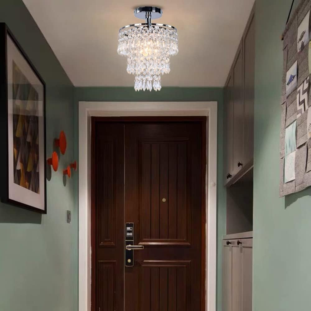 Small Crystal Chandelier Led Crystal Ceiling Lights 3 Tiers Crystal Raindrops Chandelier Pendant Lighting Fixture Decoration for Bedroom Hallway Living Room,Chrome,E26-1