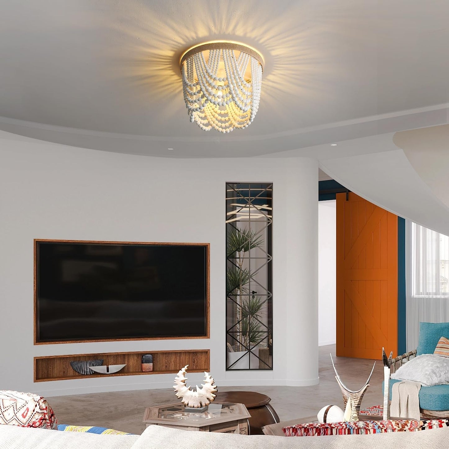 Bohemian Lighting Bohemian Chandelier Handmade Beaded Chandelier Bohemian Lighting Ceiling Beaded Lighting 3 Light Wood Bead Chandelier Nursery Lighting Bedroom Chandelier (White)-3