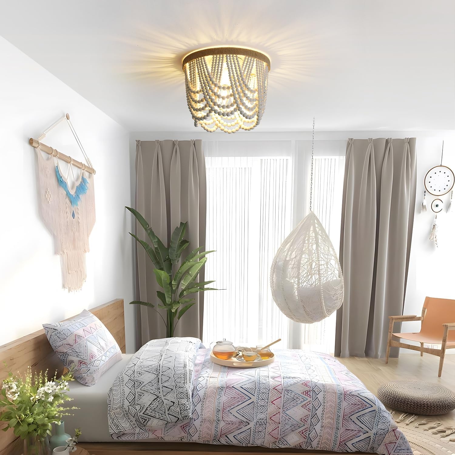 Bohemian Lighting Bohemian Chandelier Handmade Beaded Chandelier Bohemian Lighting Ceiling Beaded Lighting 3 Light Wood Bead Chandelier Nursery Lighting Bedroom Chandelier (White)-0