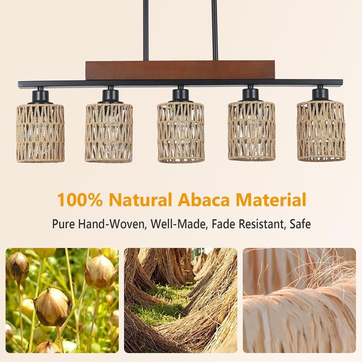 Rattan Farmhouse Chandeliers for Dining Room, Boho Kitchen Island Lighting, 5-Light Linear Chandelier Rectangle Pendant Lighting, Rustic Wood Chandeliers Black Hanging Light Fixtures for Living Room-3