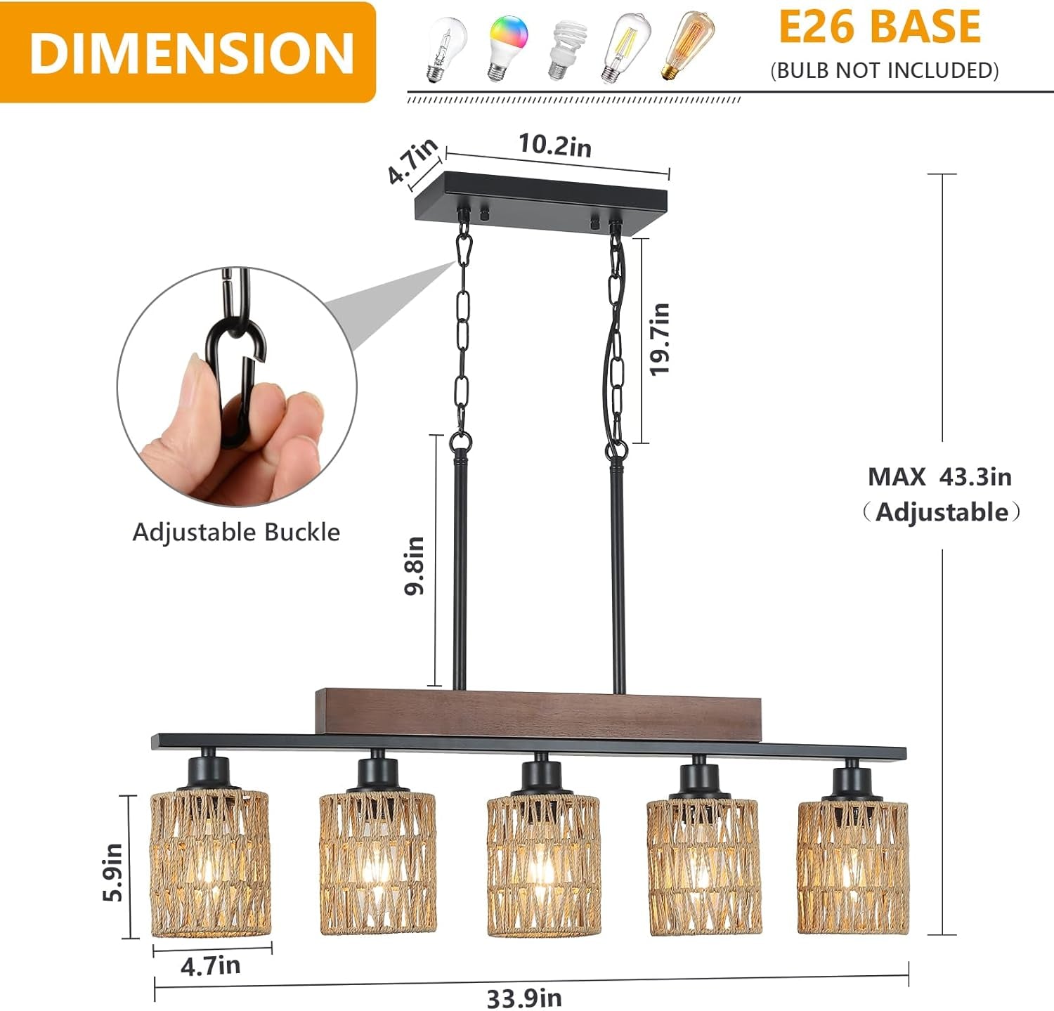 Rattan Farmhouse Chandeliers for Dining Room, Boho Kitchen Island Lighting, 5-Light Linear Chandelier Rectangle Pendant Lighting, Rustic Wood Chandeliers Black Hanging Light Fixtures for Living Room-2