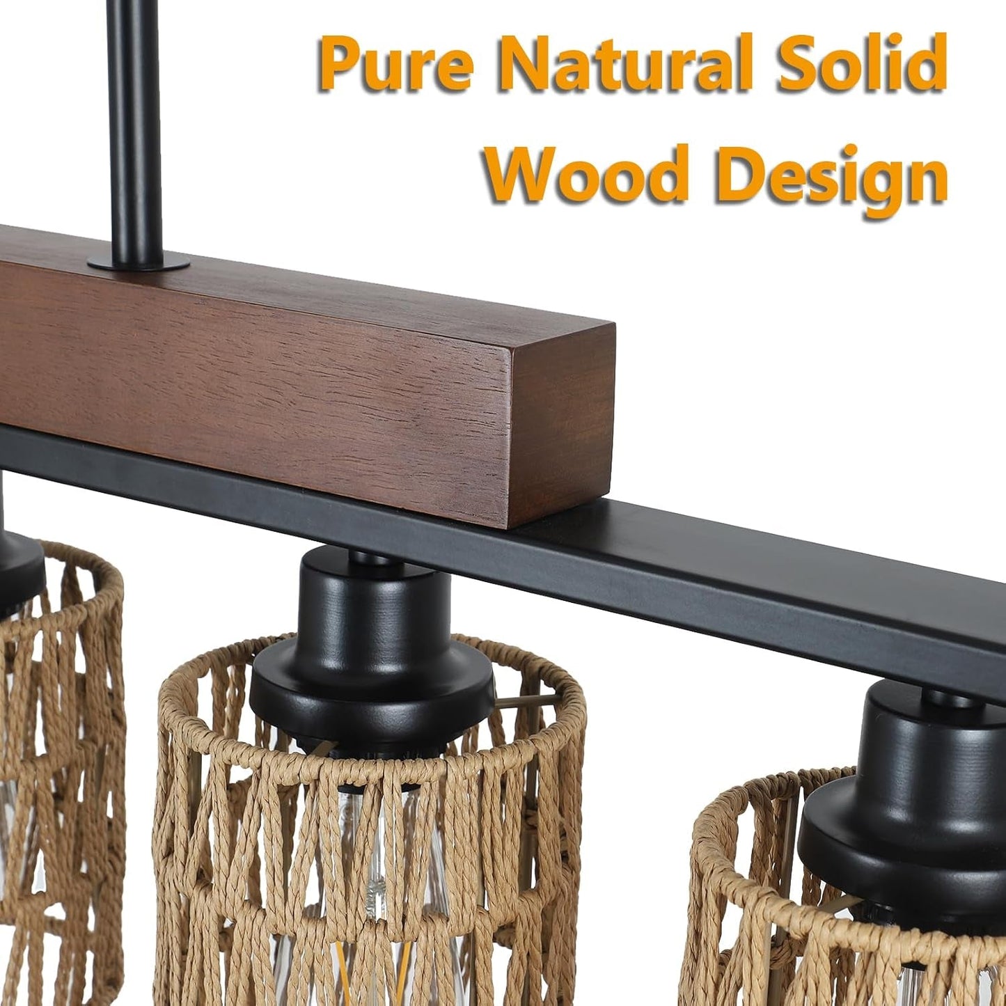 Rattan Farmhouse Chandeliers for Dining Room, Boho Kitchen Island Lighting, 5-Light Linear Chandelier Rectangle Pendant Lighting, Rustic Wood Chandeliers Black Hanging Light Fixtures for Living Room-4