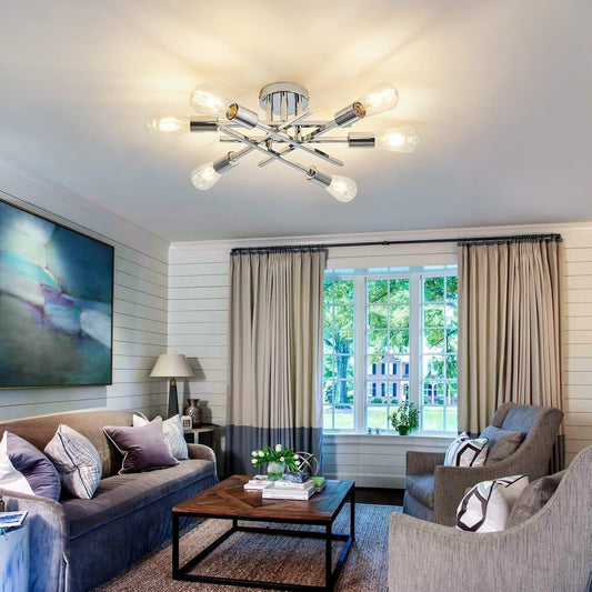 6-Lights Semi Flush Mount Ceiling Light Fixture Modern Chrome Matte Sputnik Chandelier Farmhouse Ceiling Lighting for Kitchen Bedroom Dining Room Living Room-0