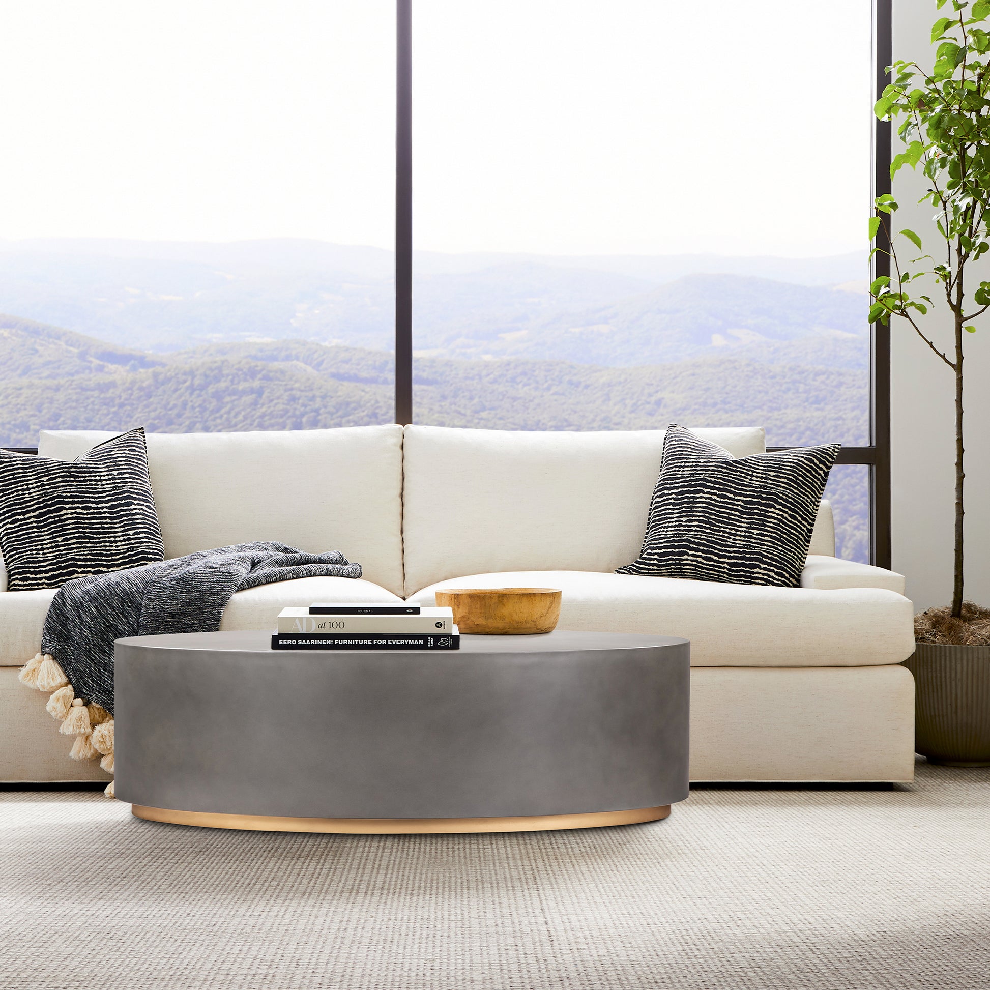 28" Gray And Brass Concrete And Brass Oval Coffee Table-8