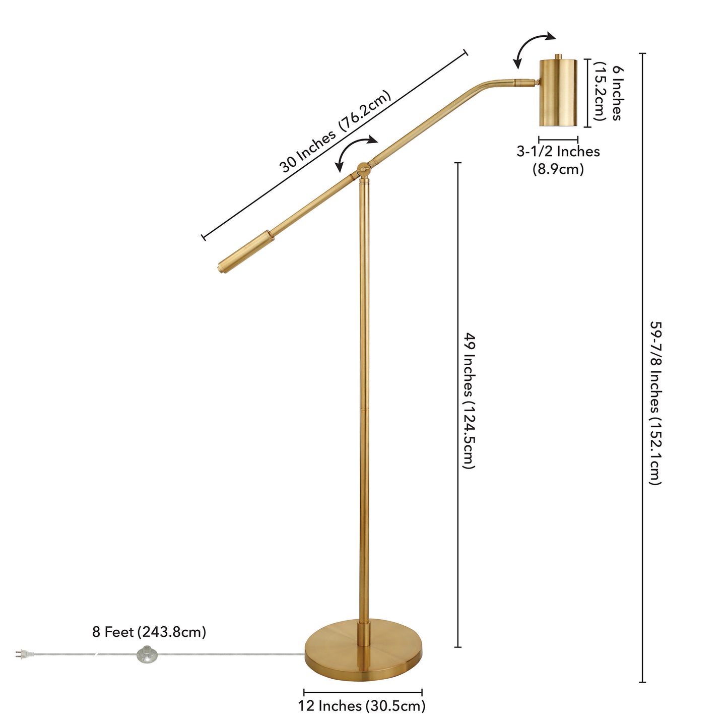 60" Brass Swing Arm Floor Lamp With Brass Drum Shade-7