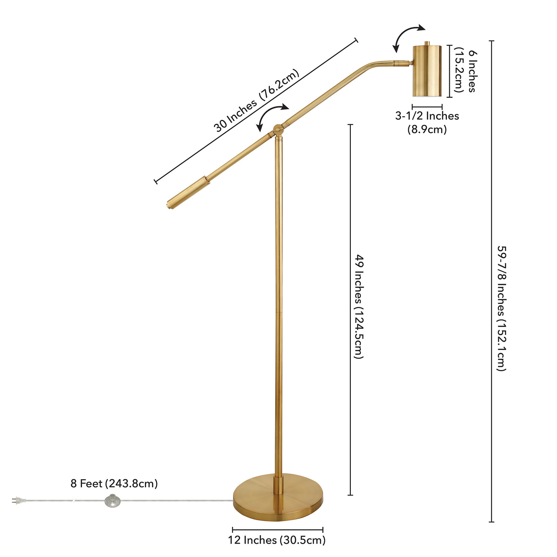 60" Brass Swing Arm Floor Lamp With Brass Drum Shade-7