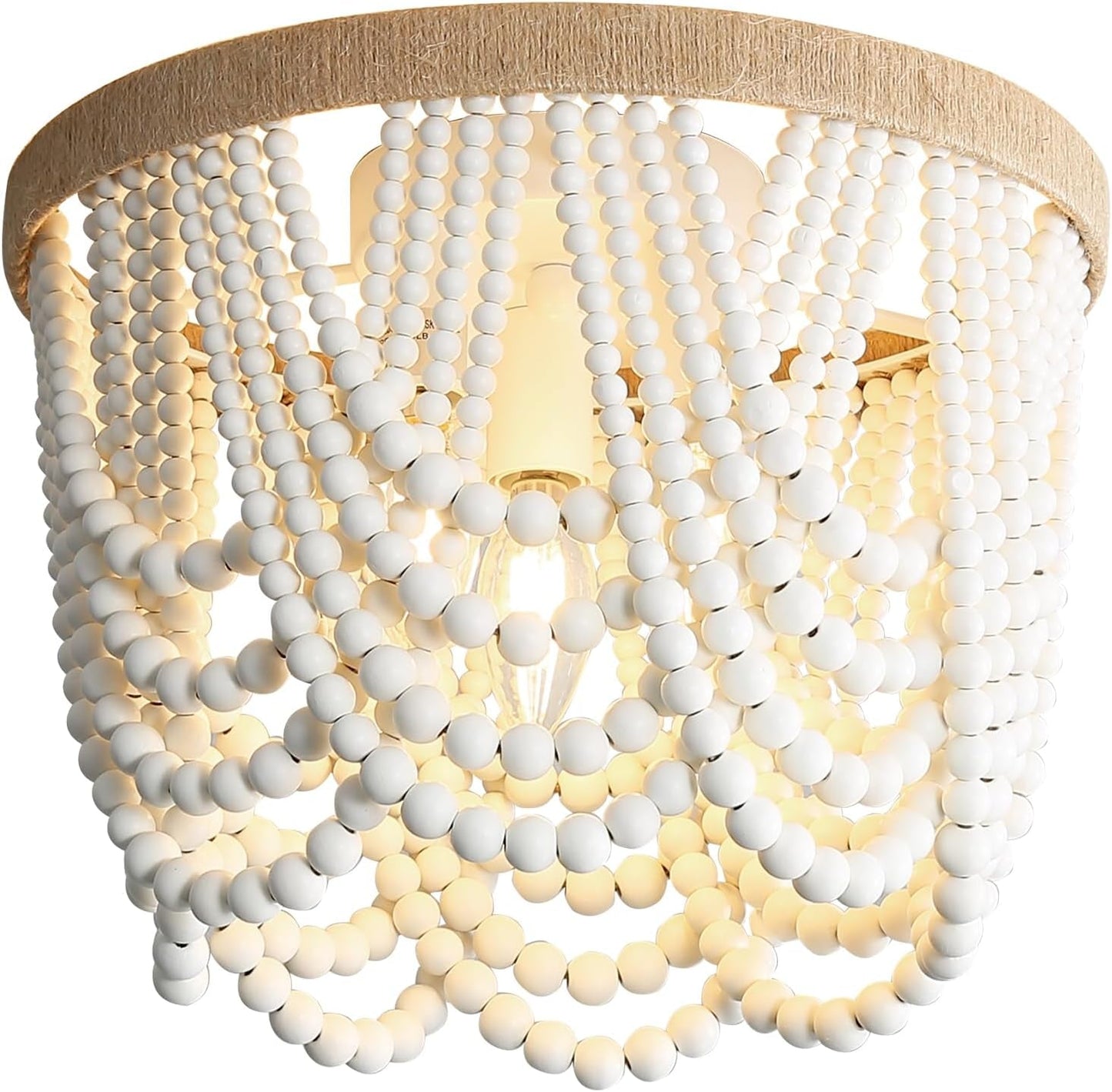 Bohemian Lighting Bohemian Chandelier Handmade Beaded Chandelier Bohemian Lighting Ceiling Beaded Lighting 3 Light Wood Bead Chandelier Nursery Lighting Bedroom Chandelier (White)-1