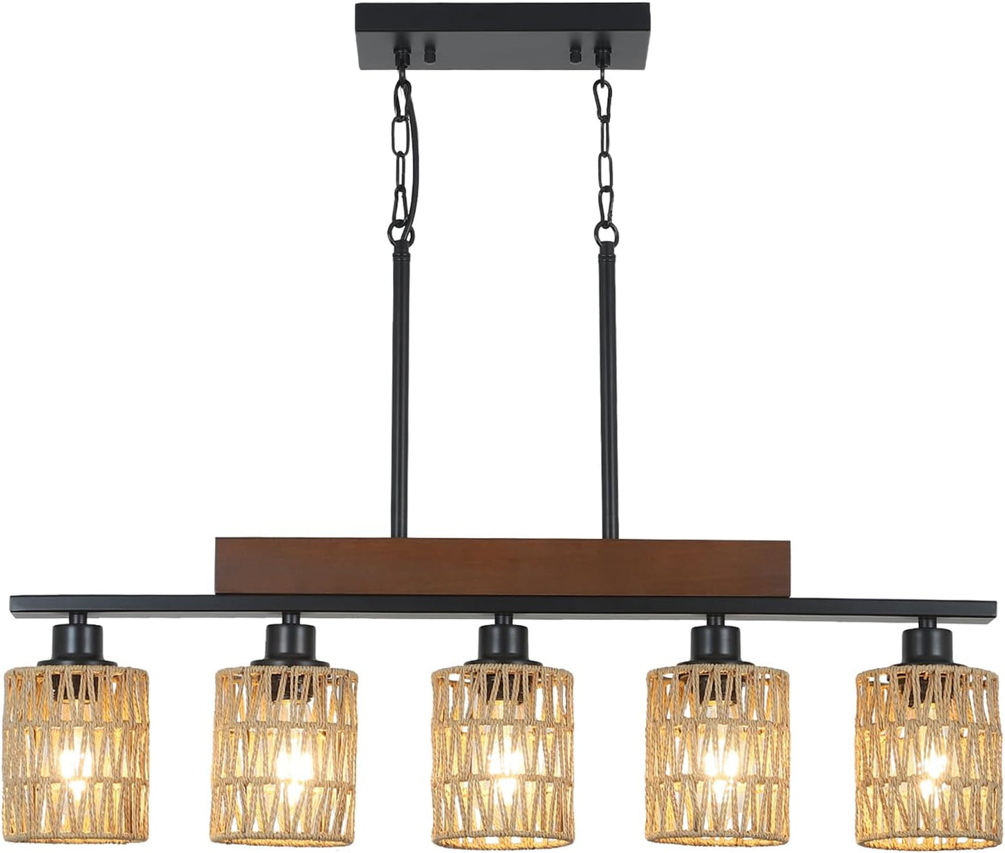Rattan Farmhouse Chandeliers for Dining Room, Boho Kitchen Island Lighting, 5-Light Linear Chandelier Rectangle Pendant Lighting, Rustic Wood Chandeliers Black Hanging Light Fixtures for Living Room-1