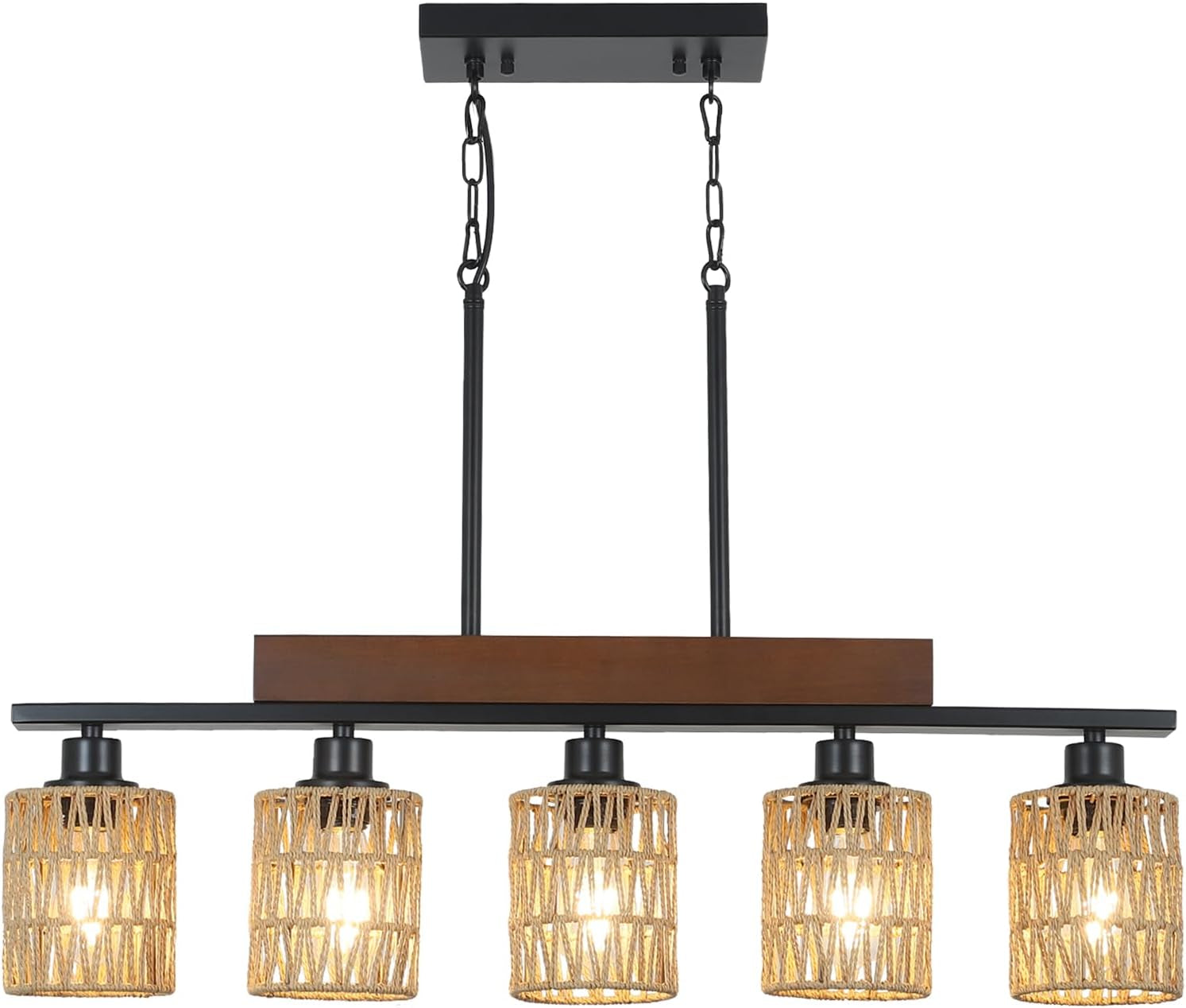 Rattan Farmhouse Chandeliers for Dining Room, Boho Kitchen Island Lighting, 5-Light Linear Chandelier Rectangle Pendant Lighting, Rustic Wood Chandeliers Black Hanging Light Fixtures for Living Room-1