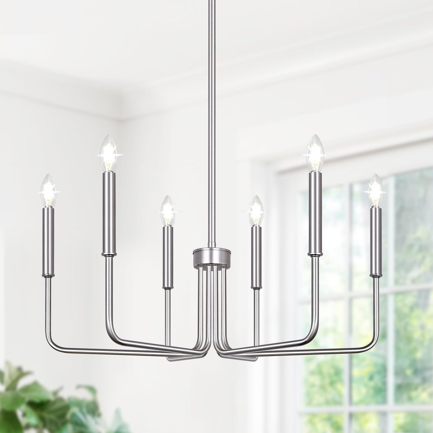 6-Light Farmhouse Chandelier for Dining Room Lighting Fixtures Hanging, Brushed Nickel Dining Light Fixtures Industrial Chandelier for Bedroom, Foyer, Hall, Kitchen, Living Room and Entryway-1