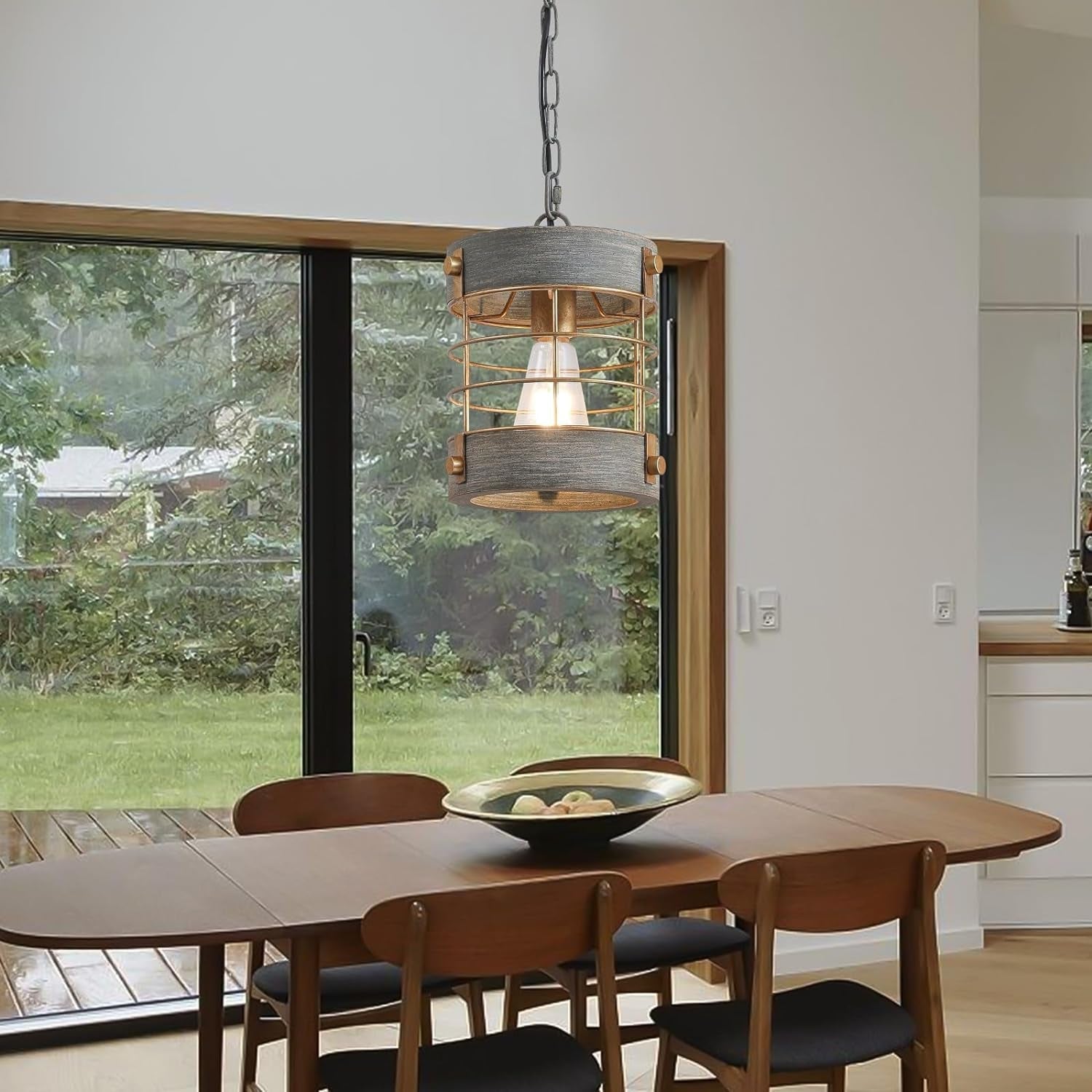 Farmhouse Pendant Light, Adjustable Metal and Wood Chandelier Light Fixture, Rustic Pendant Lighting for Kitchen Island, Bedroom, Dining Room and Entryway, Blue Gray-0