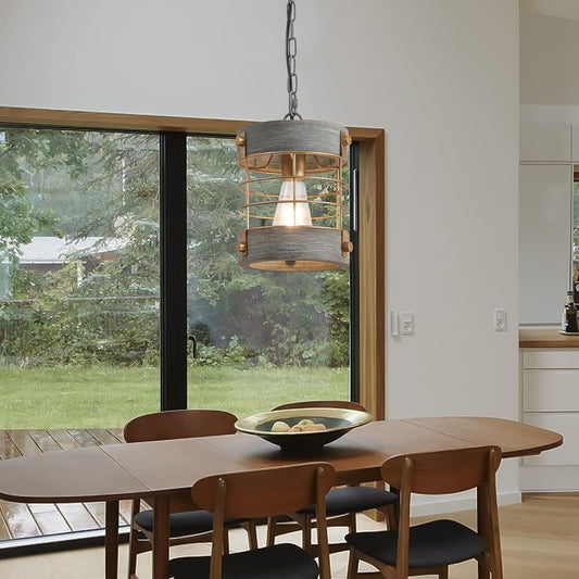 Farmhouse Pendant Light, Adjustable Metal and Wood Chandelier Light Fixture, Rustic Pendant Lighting for Kitchen Island, Bedroom, Dining Room and Entryway, Blue Gray-0