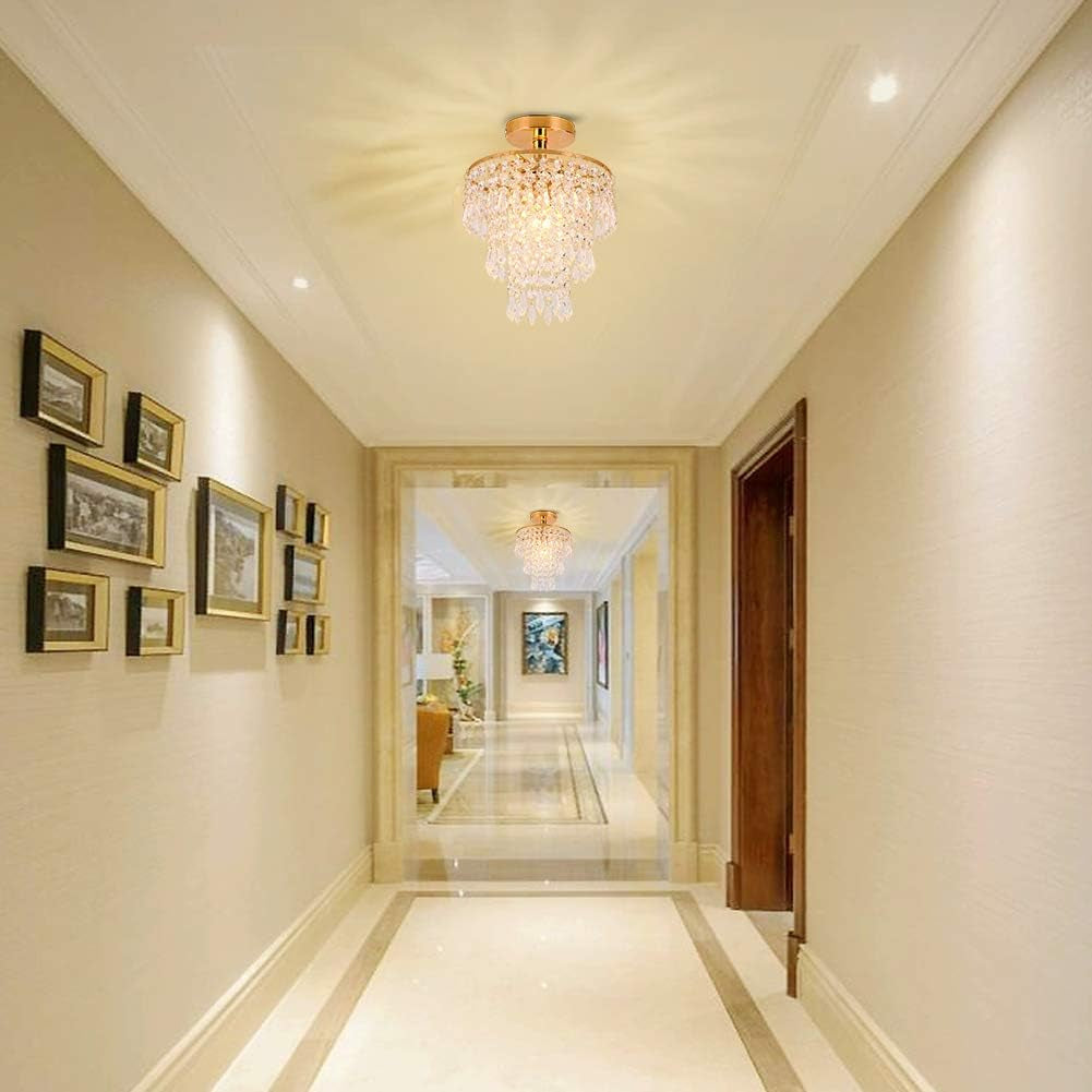 Mini Size Crystal Chandelier Modern Flush Mount Ceiling Light 3 Tiers Raindrops Crystal Pendant Lighting Fixture Decoration for Bedroom Hallway Living Room,E26 Base,Gold-1