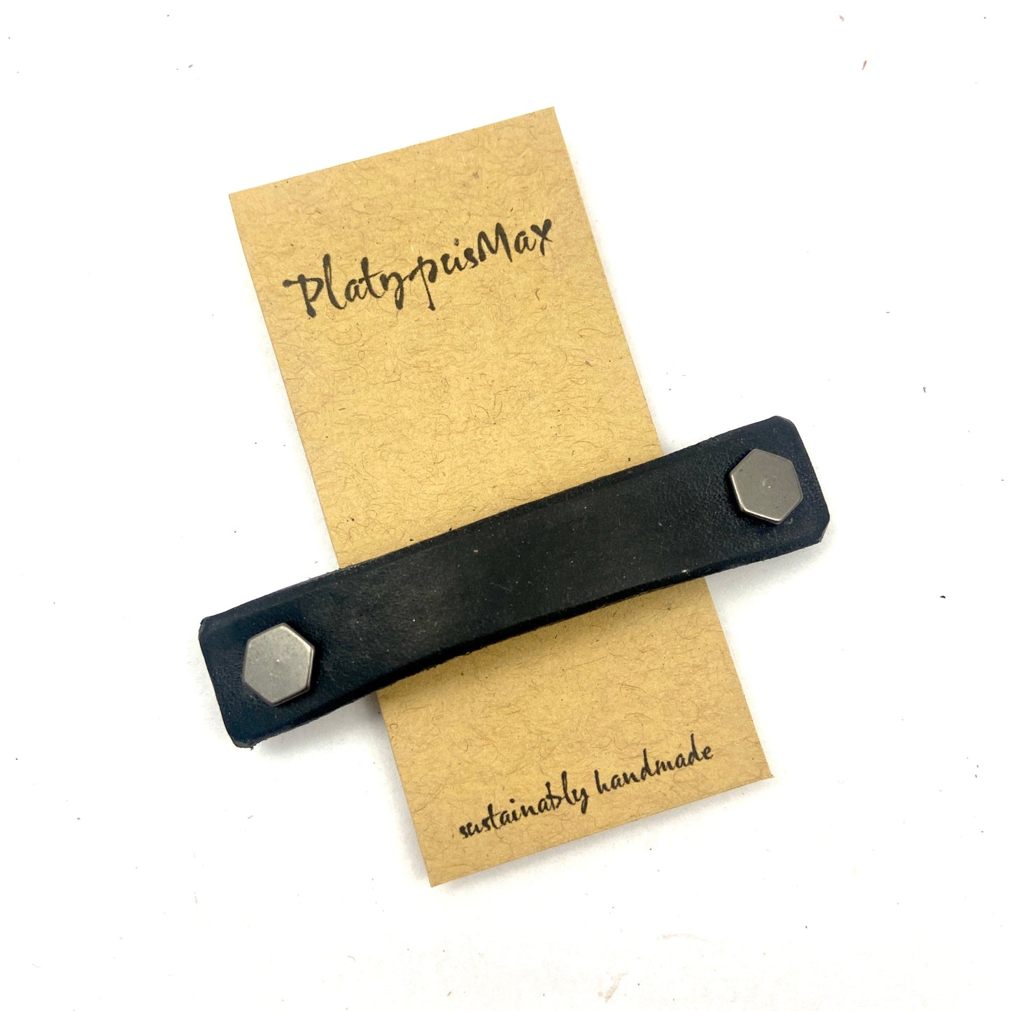 Black Leather Barrette + Minimal / Industrial Hex Hardware-2