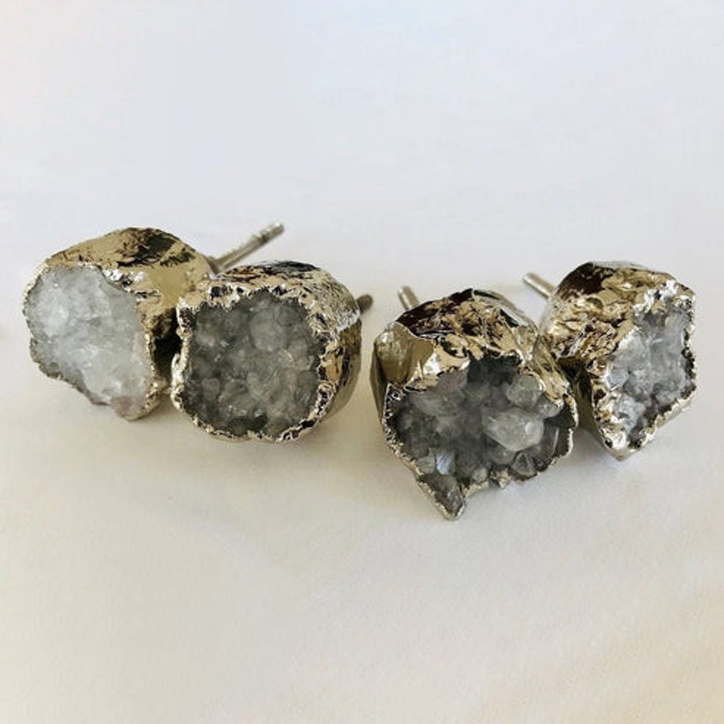 Set of 4 Crystal Druzy Stone Furniture Door Knob Crystal White Cabinet Handle with Silver finish Brass Hardware,Cupboard Pulls Drawer Knobs-0