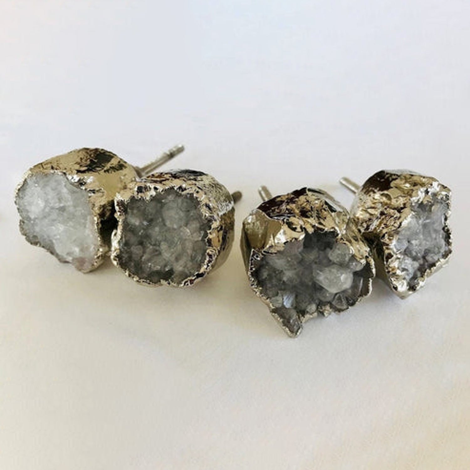 Set of 4 Crystal Druzy Stone Furniture Door Knob Crystal White Cabinet Handle with Silver finish Brass Hardware,Cupboard Pulls Drawer Knobs-0