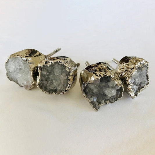 Set of 4 Crystal Druzy Stone Furniture Door Knob Crystal White Cabinet Handle with Silver finish Brass Hardware,Cupboard Pulls Drawer Knobs-0