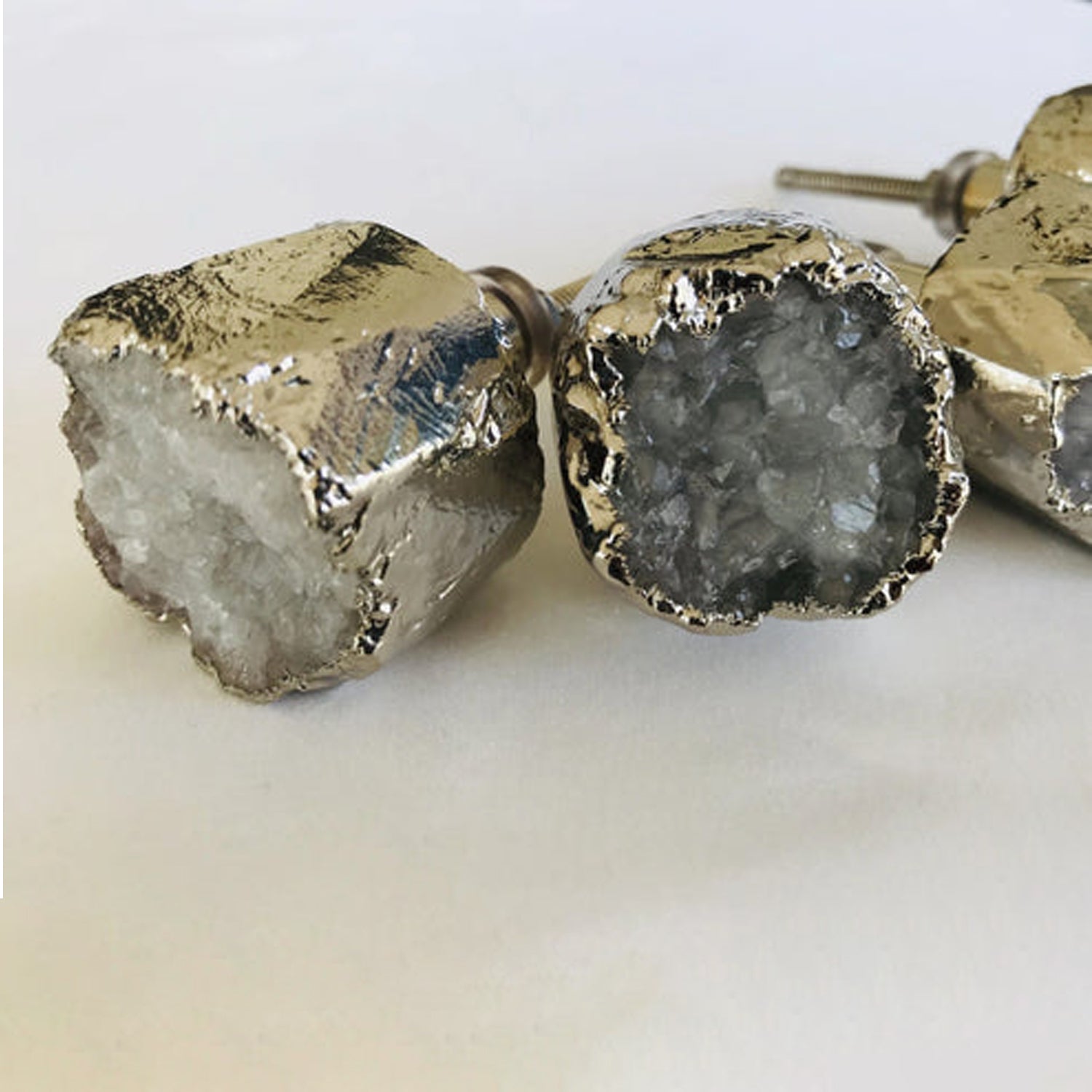Set of 4 Crystal Druzy Stone Furniture Door Knob Crystal White Cabinet Handle with Silver finish Brass Hardware,Cupboard Pulls Drawer Knobs-3