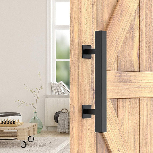 NNEDSZ 12" Square Pull and Flush Door Handle Set Black Barn Door Hardware-0