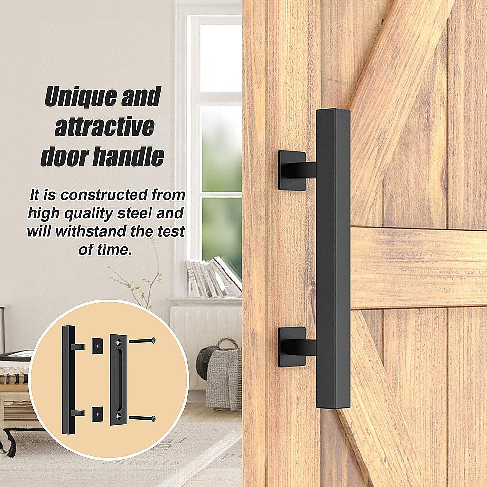 NNEDSZ 12" Square Pull and Flush Door Handle Set Black Barn Door Hardware-3