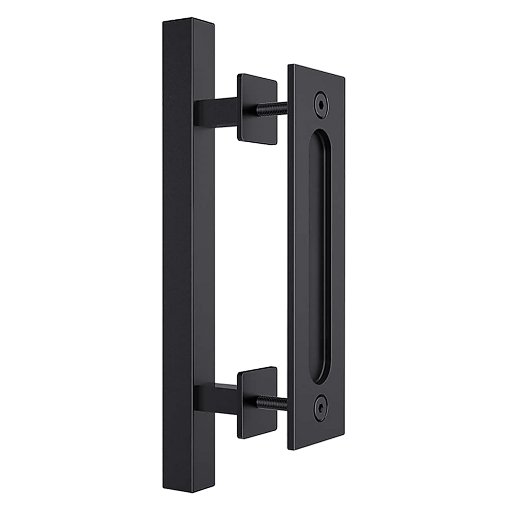 NNEDSZ 12" Square Pull and Flush Door Handle Set Black Barn Door Hardware-4