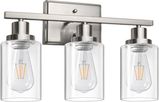 Bathroom Vanity Light Fixtures, 3 Light Wall Sconces Lighting with Clear Glass Shade, Brushed Nickel Wall Lights for Mirror, Kitchen, Living Room, Gallery, E26 Base (Bulbs Not Included)-0