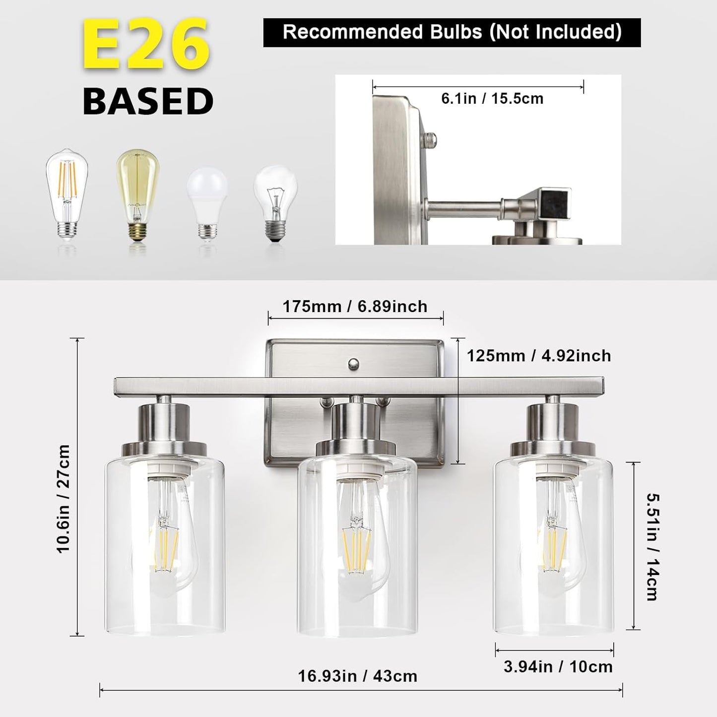 Bathroom Vanity Light Fixtures, 3 Light Wall Sconces Lighting with Clear Glass Shade, Brushed Nickel Wall Lights for Mirror, Kitchen, Living Room, Gallery, E26 Base (Bulbs Not Included)-4