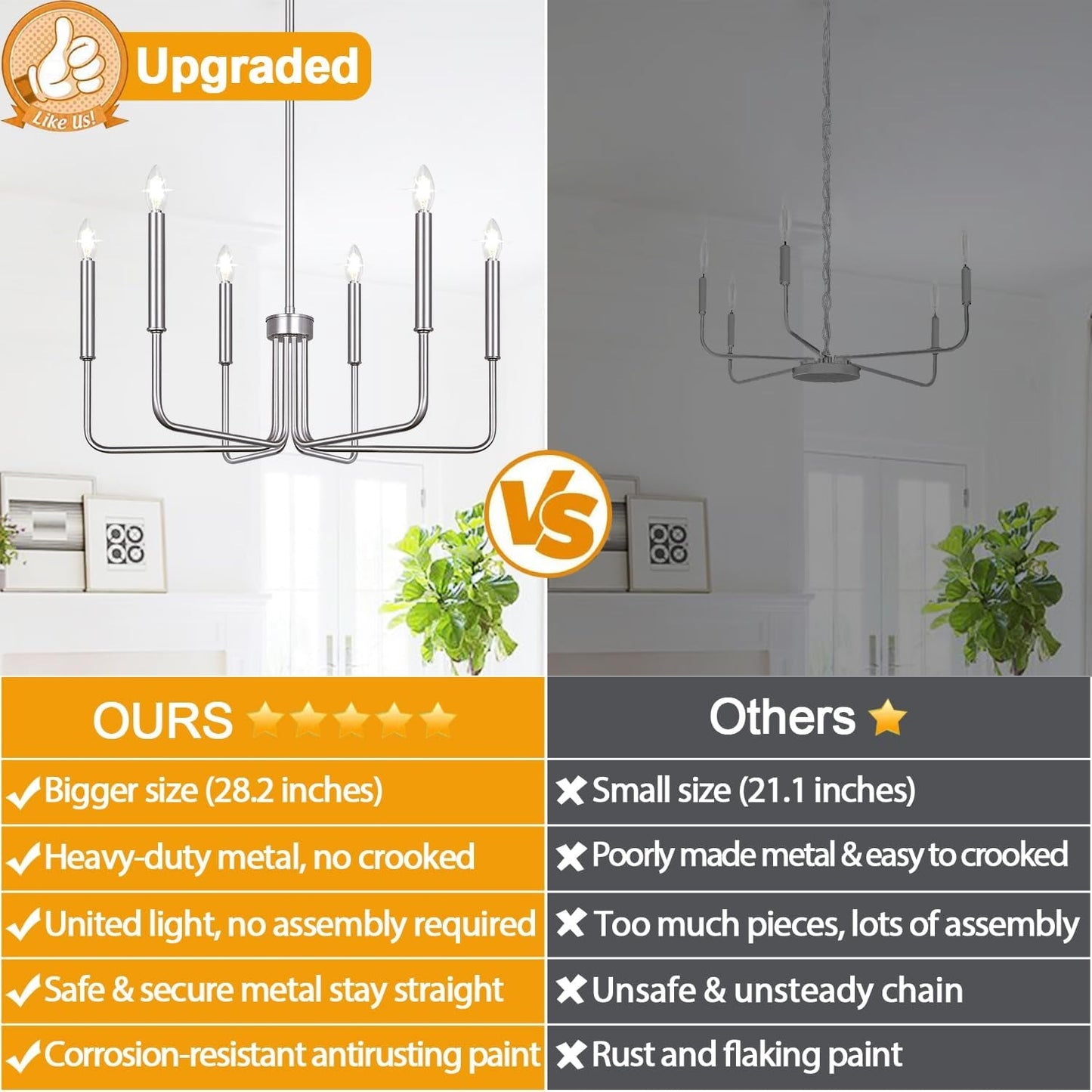 6-Light Farmhouse Chandelier for Dining Room Lighting Fixtures Hanging, Brushed Nickel Dining Light Fixtures Industrial Chandelier for Bedroom, Foyer, Hall, Kitchen, Living Room and Entryway-2