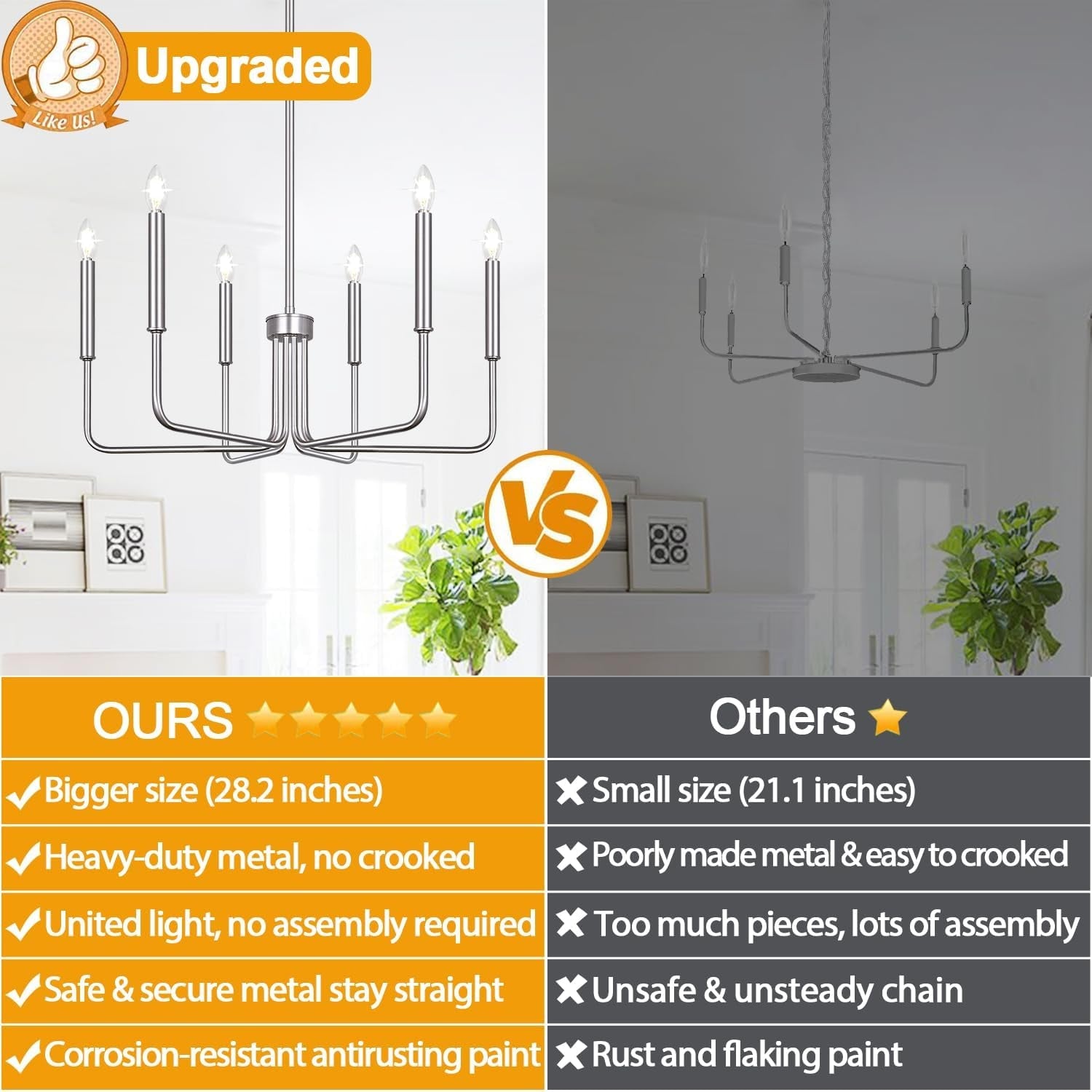 6-Light Farmhouse Chandelier for Dining Room Lighting Fixtures Hanging, Brushed Nickel Dining Light Fixtures Industrial Chandelier for Bedroom, Foyer, Hall, Kitchen, Living Room and Entryway-2