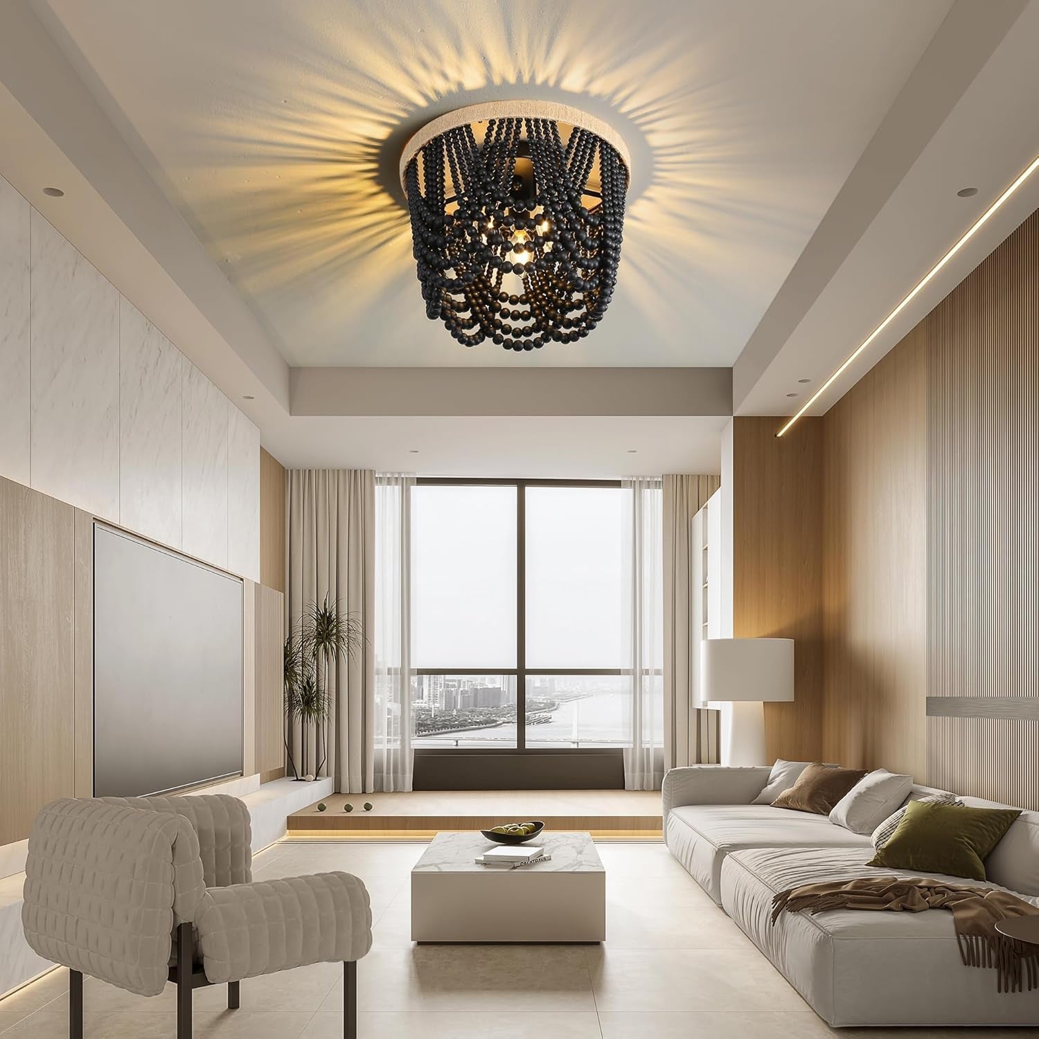 Bohemian Lighting Bohemian Chandelier Handmade Beaded Chandelier Vintage Hemp Rope Woven Ceiling Lighting 3 Lights Wood Bead Chandelier Nursery Lighting Bedroom Ceiling Light (Black)-1