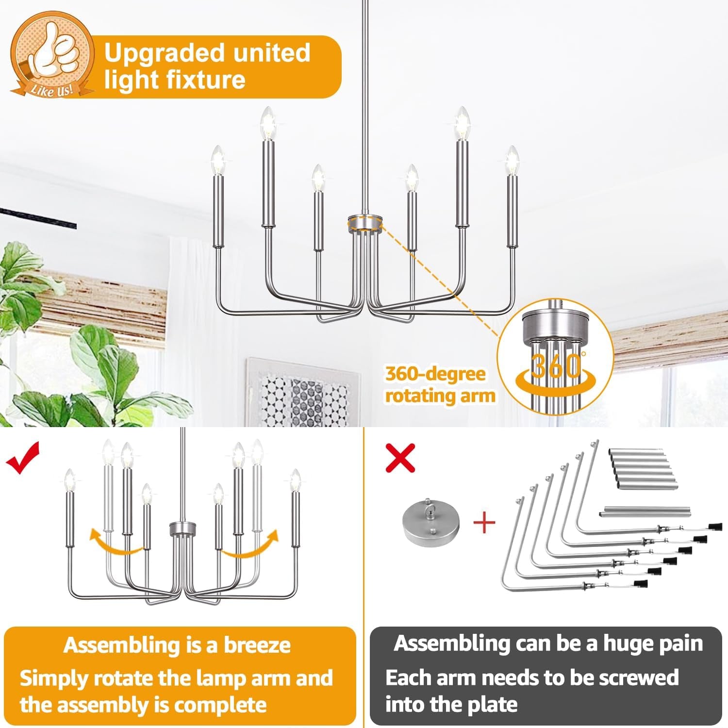 6-Light Farmhouse Chandelier for Dining Room Lighting Fixtures Hanging, Brushed Nickel Dining Light Fixtures Industrial Chandelier for Bedroom, Foyer, Hall, Kitchen, Living Room and Entryway-3