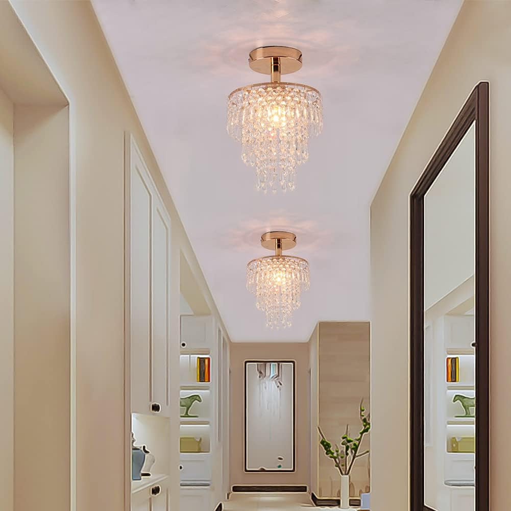 Mini Size Crystal Chandelier Modern Flush Mount Ceiling Light 3 Tiers Raindrops Crystal Pendant Lighting Fixture Decoration for Bedroom Hallway Living Room,E26 Base,Gold-0