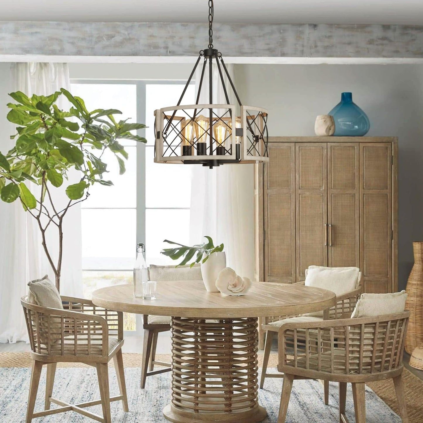 D19'' Farmhouse Chandelier, 4-Light Adjustable Dining Room Light Fixture Kitchen Island Lighting, Rustic Hanging Lights for Entryway Foyer Bedroom Living Room, Black & White Oak-0