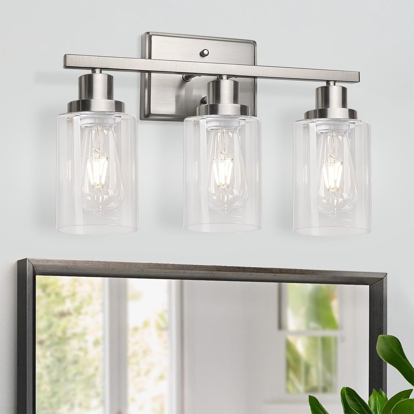 Bathroom Vanity Light Fixtures, 3 Light Wall Sconces Lighting with Clear Glass Shade, Brushed Nickel Wall Lights for Mirror, Kitchen, Living Room, Gallery, E26 Base (Bulbs Not Included)-1