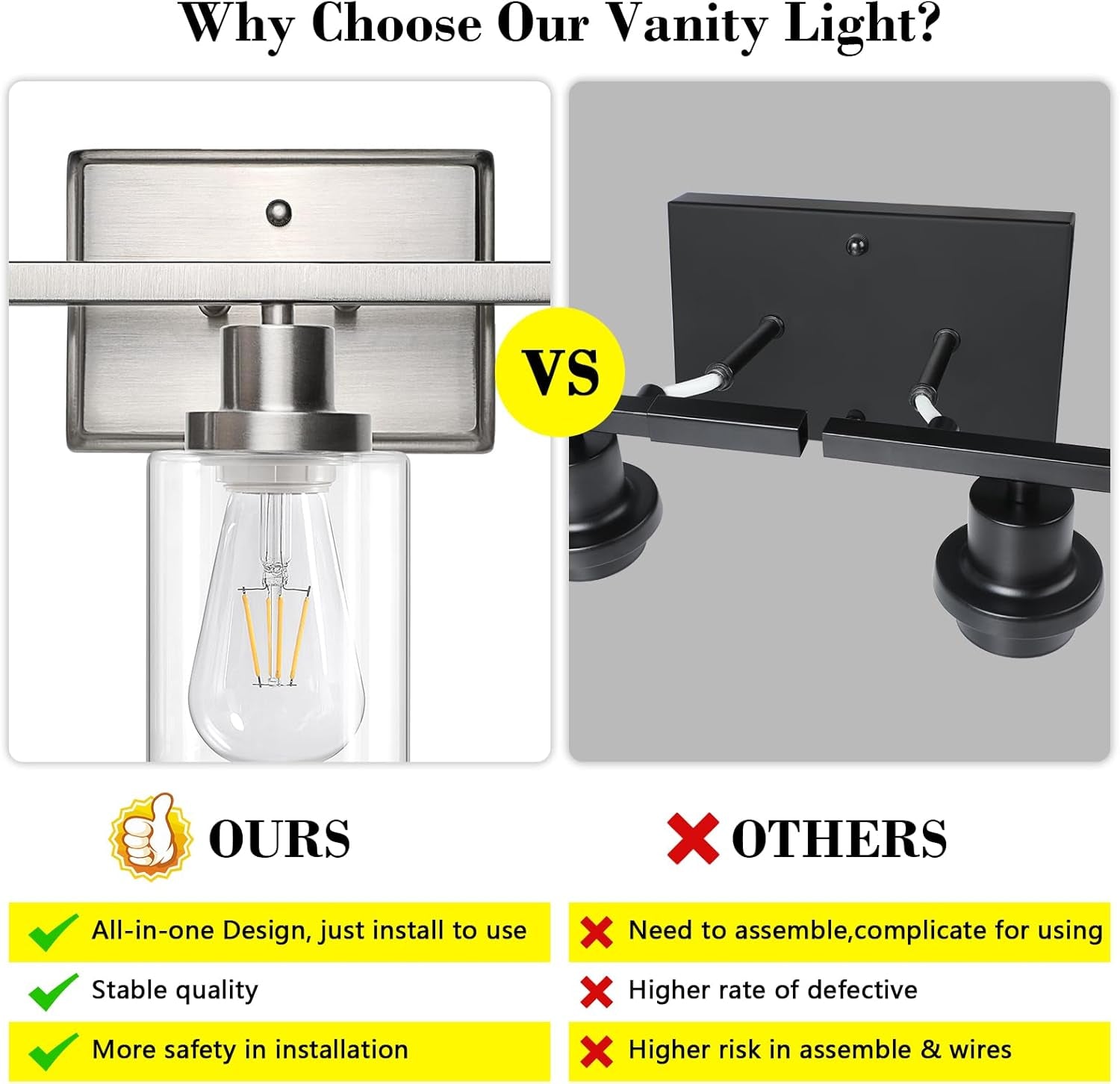 Bathroom Vanity Light Fixtures, 3 Light Wall Sconces Lighting with Clear Glass Shade, Brushed Nickel Wall Lights for Mirror, Kitchen, Living Room, Gallery, E26 Base (Bulbs Not Included)-2