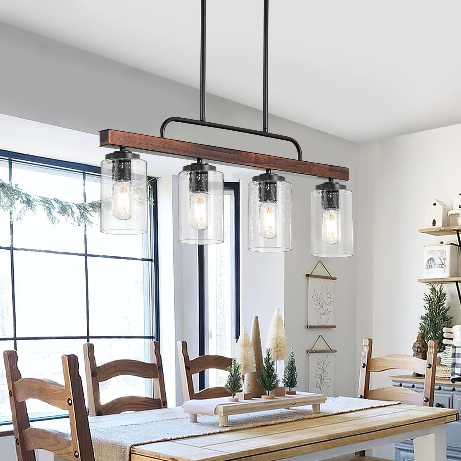 Farmhouse Dining Room Light Fixture, 4-Light Wood Kitchen Island Lighting, Industrial Chandeliers for Dining Room over Table Black Pendant Light with Seeded Glass Shade for Bar Restaurant-0