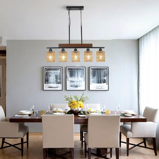 Rattan Farmhouse Chandeliers for Dining Room, Boho Kitchen Island Lighting, 5-Light Linear Chandelier Rectangle Pendant Lighting, Rustic Wood Chandeliers Black Hanging Light Fixtures for Living Room-0